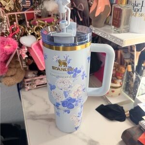 Stanley Blue and White Floral Tumbler with Handle